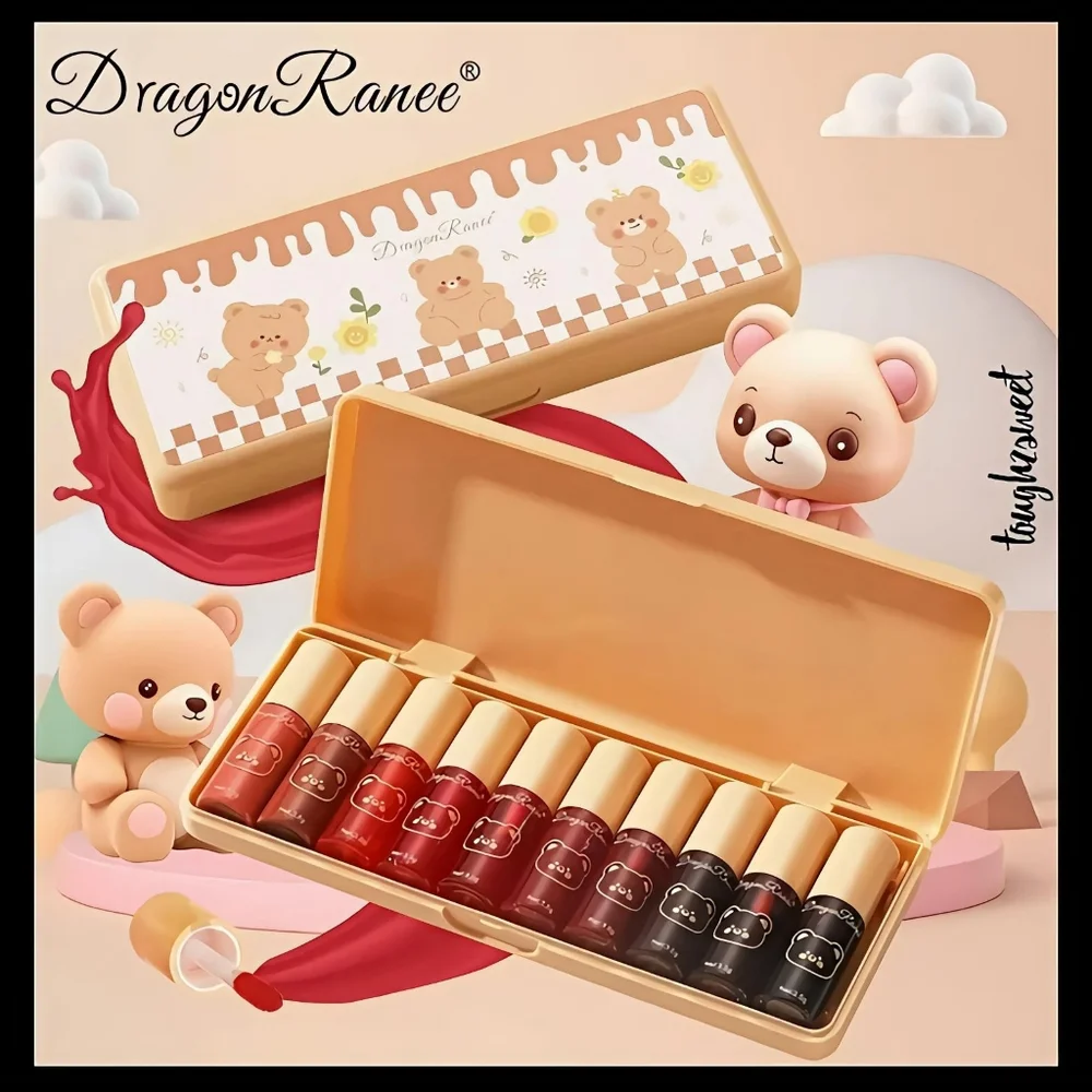 🆕️DRAGONRANEE MINI LIPGLOSS/LIP TINT SET OF 10 IN ADORABLE 🧸TEDDY🧸BOX *Y2K*